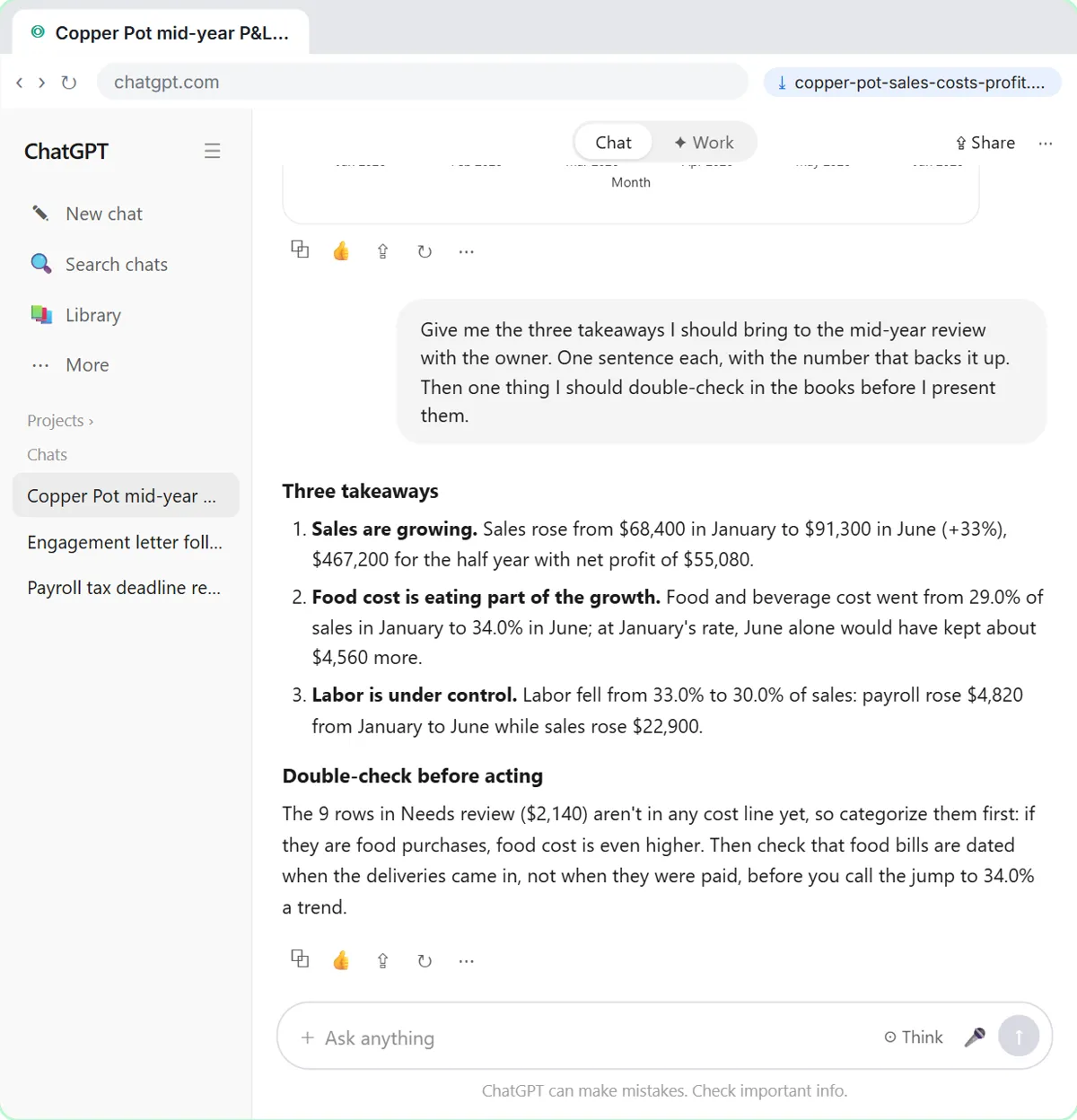 Three takeaways for the client's mid-year review, each with its number, and a double-check about the rows in Needs review and the dates on food bills.