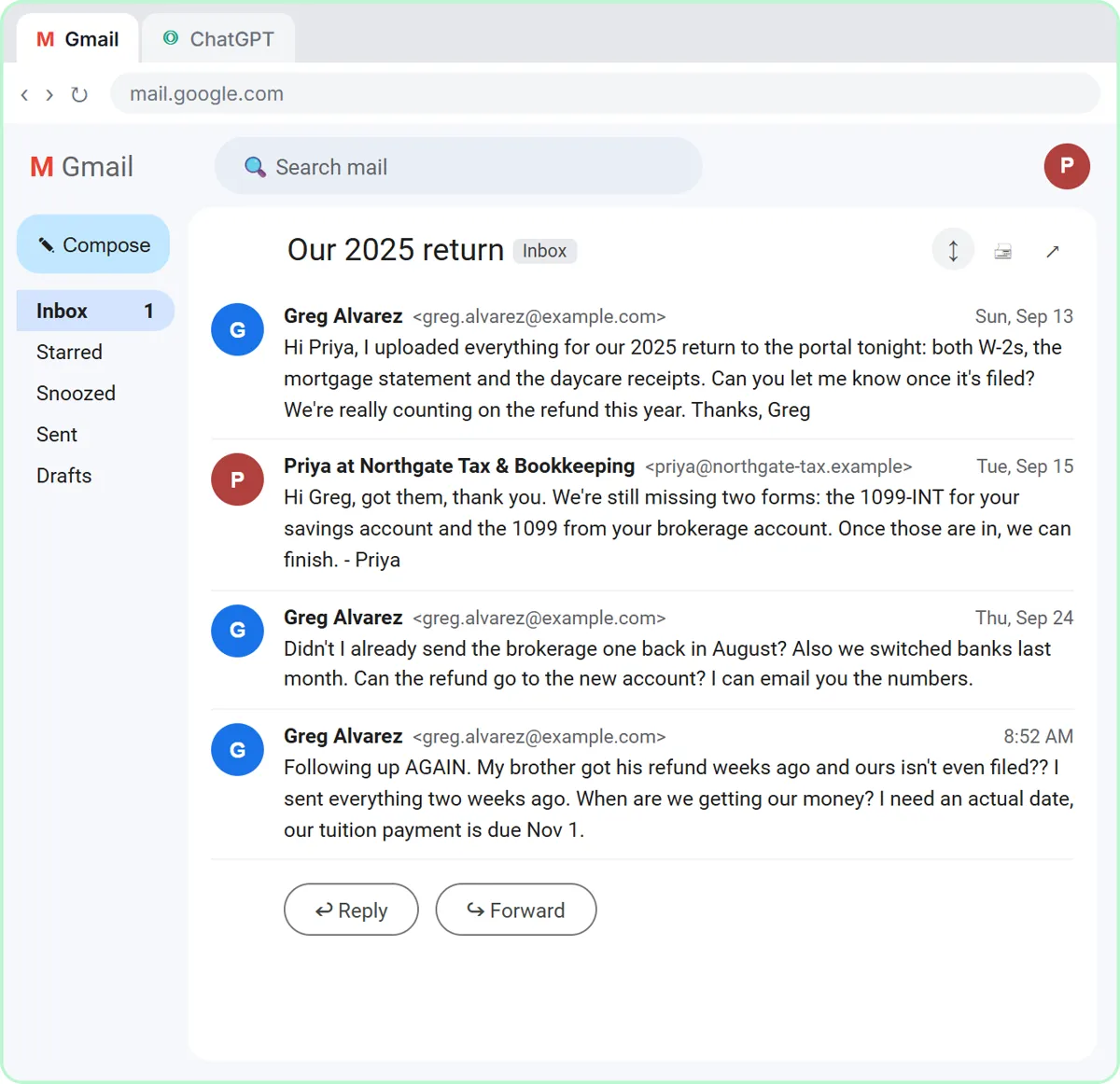 Gmail thread between a client and a small tax and bookkeeping firm: the client uploaded his W-2s, the firm says two 1099 forms are still missing, and the client asks for a refund date and whether his new bank account can be used.
