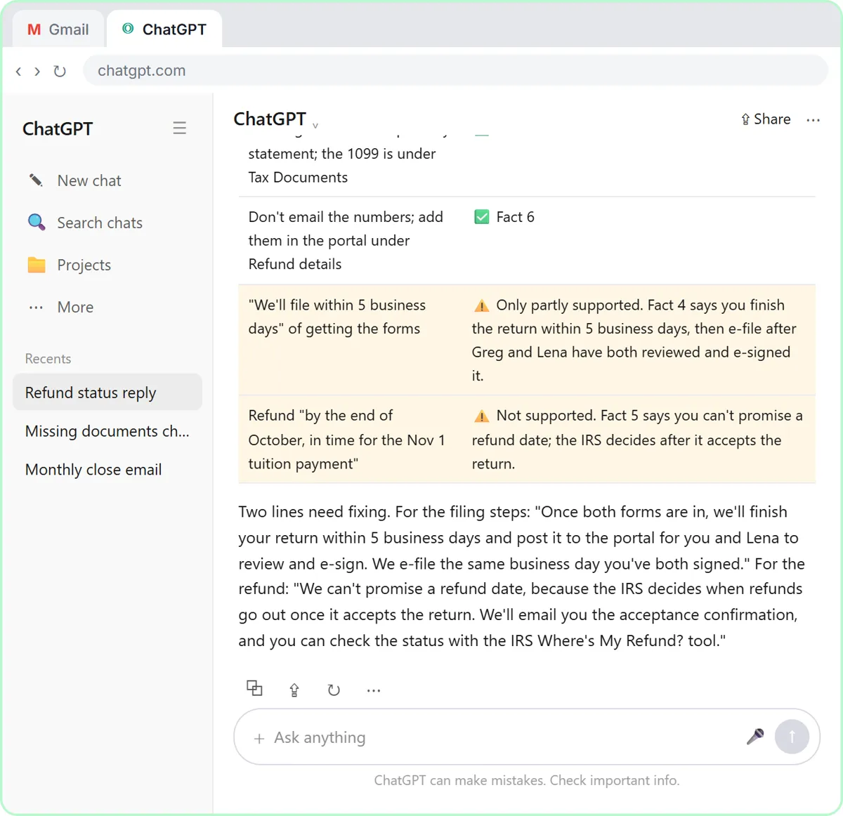 ChatGPT table matching each claim in the draft to a numbered fact, with two rows flagged: filing within 5 business days is only partly supported and the refund date is not supported.