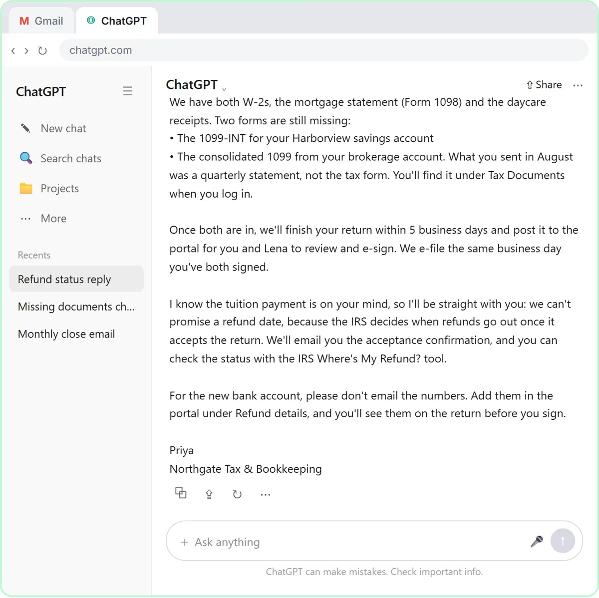 The corrected reply in ChatGPT: missing forms listed, the finish, review, e-sign and e-file steps explained, and no refund date promised, with a pointer to the IRS Where's My Refund? tool.