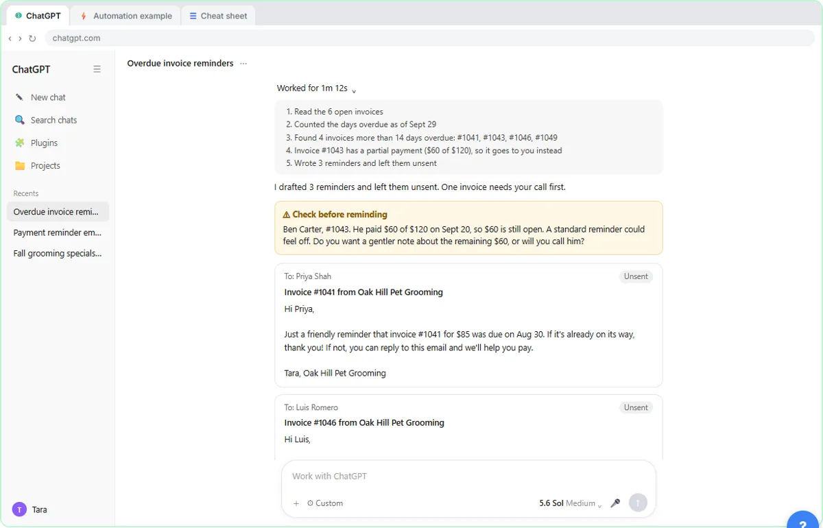 ChatGPT in Work mode showing Worked for 1m 12s opened to the five steps it took with a list of overdue invoices