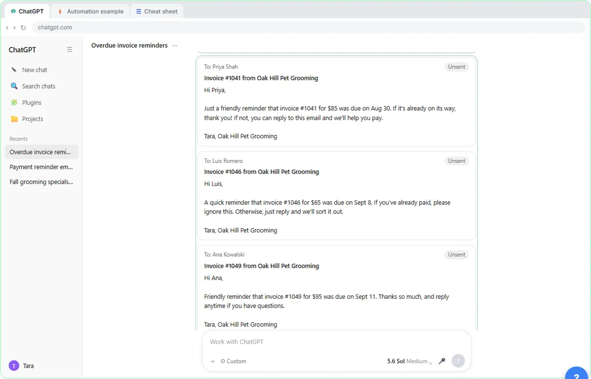 ChatGPT Work result with a Check before reminding note about a partial payment and unsent reminder email drafts