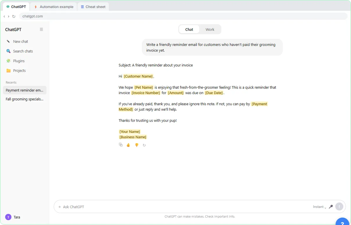 ChatGPT in Chat mode answering with a payment reminder template full of blanks like Customer Name and Amount