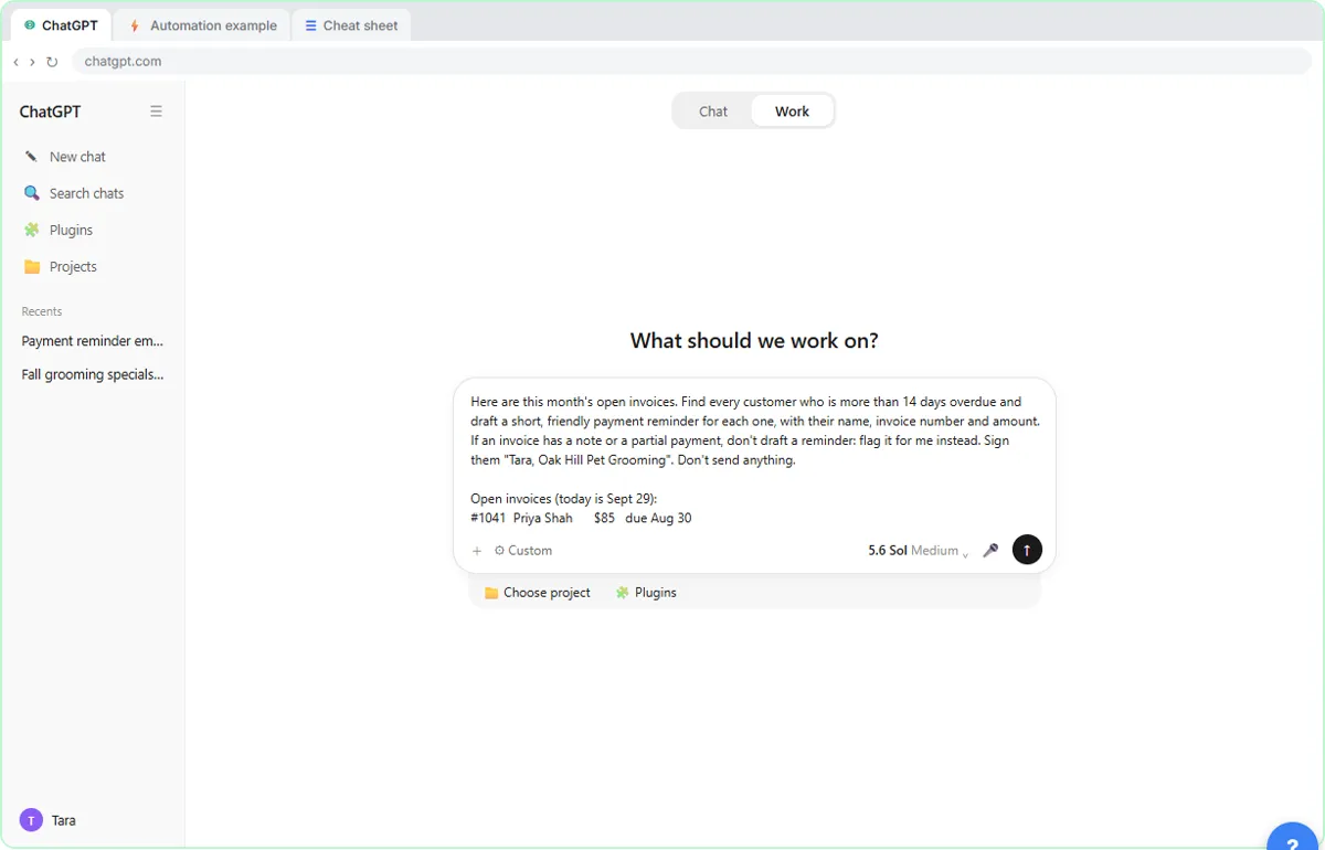 The Work with ChatGPT box filled with a task: the goal, the invoice list, a rule to flag partial payments and Don't send anything