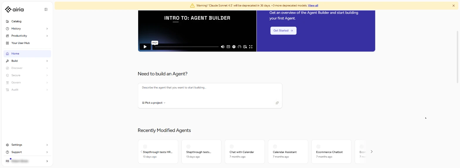 Airia home page with Build in the left bar; the account name is blurred
