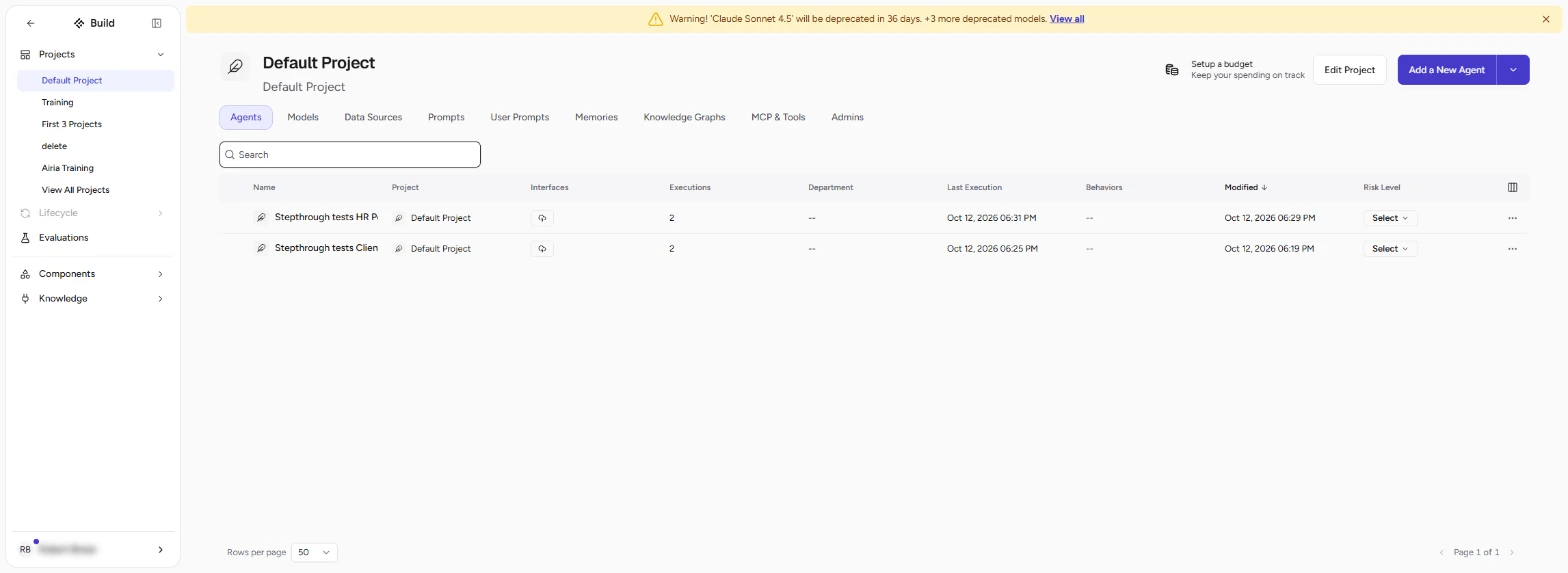 Airia Build: Default Project agents list with the two Stepthrough tests agents and Evaluations in the left bar