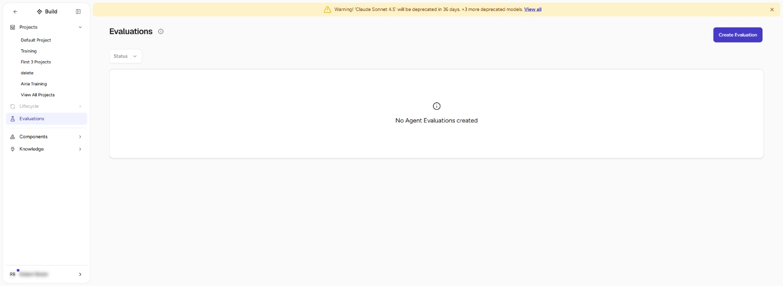 Airia Evaluations page with no evaluations yet and the Create Evaluation button