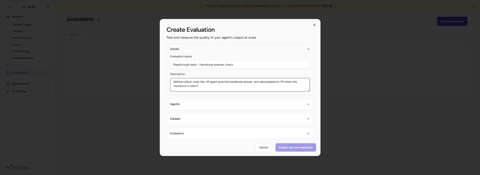 Airia Create Evaluation dialog with the name Stepthrough tests - Handbook answers check and a description