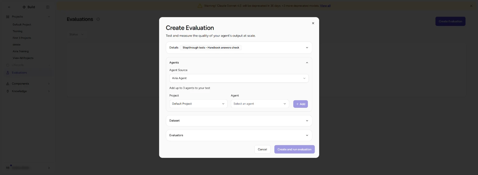 Create Evaluation Agents section: Agent Source Airia Agent, Project Default Project, Select an agent