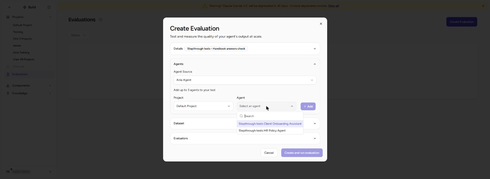 Agent list with Stepthrough tests Client Onboarding Assistant and Stepthrough tests HR Policy Agent