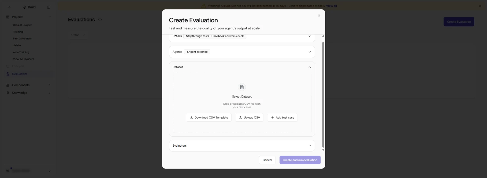 Dataset section with Download CSV Template, Upload CSV and Add test case