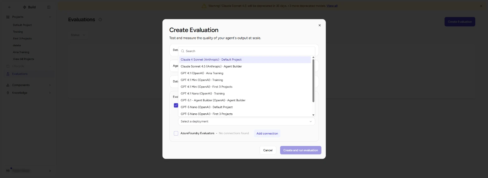 Evaluators: Airia Default Evaluator ticked and the Judge model list open