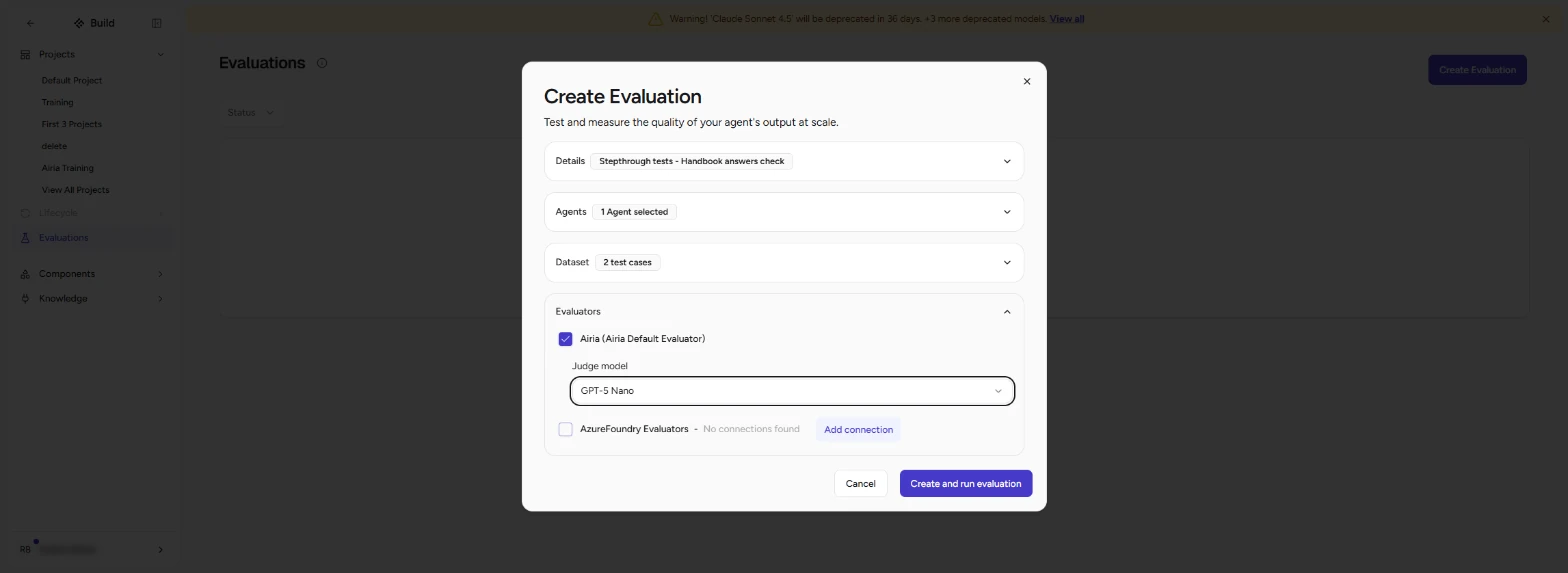 Create Evaluation ready with GPT-5 Nano as judge model and Create and run evaluation