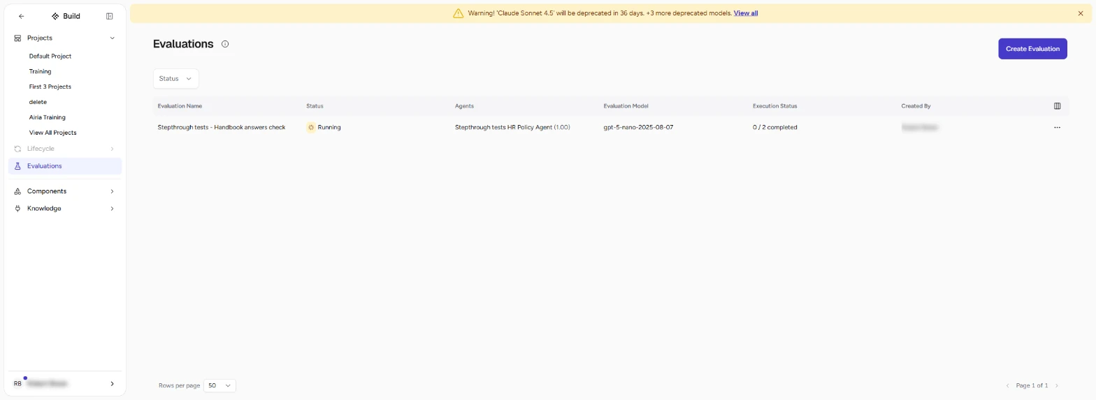 Evaluations list showing the evaluation Running, 0 / 2 completed