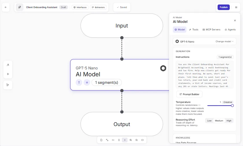 The Airia AI Model step set to GPT-5 Nano with one segment of instructions, on the Client Onboarding Assistant canvas with Input, AI Model and Output