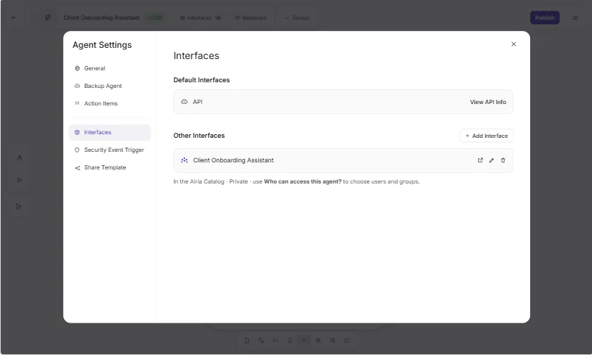 Airia Agent Settings on the Interfaces page: the default API interface and the Airia Catalog interface for the Client Onboarding Assistant