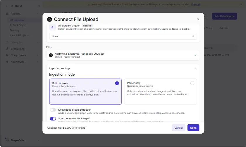Airia's Connect File Upload form with the Northwind Employee Handbook PDF uploaded, the Build indexes ingestion mode selected, and the Cancel and Done buttons