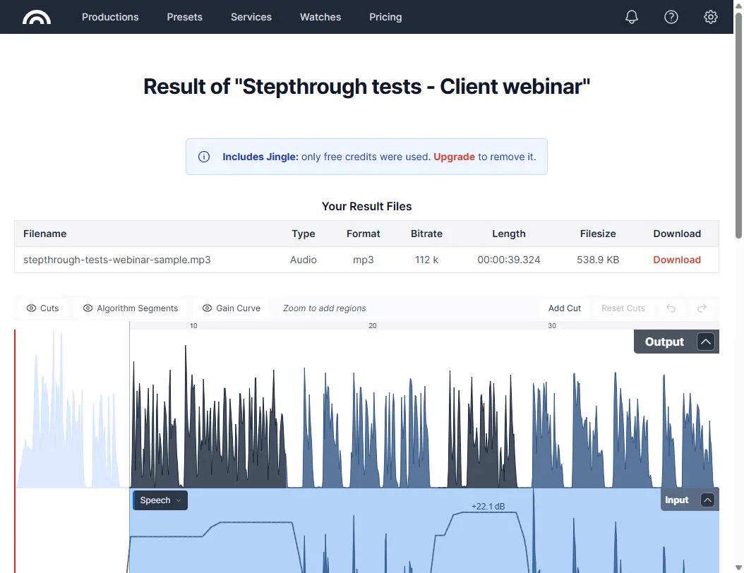 The Auphonic result page for the production, with the Includes Jingle notice for free credits, the result file table showing a 39 second mp3 and the output waveform