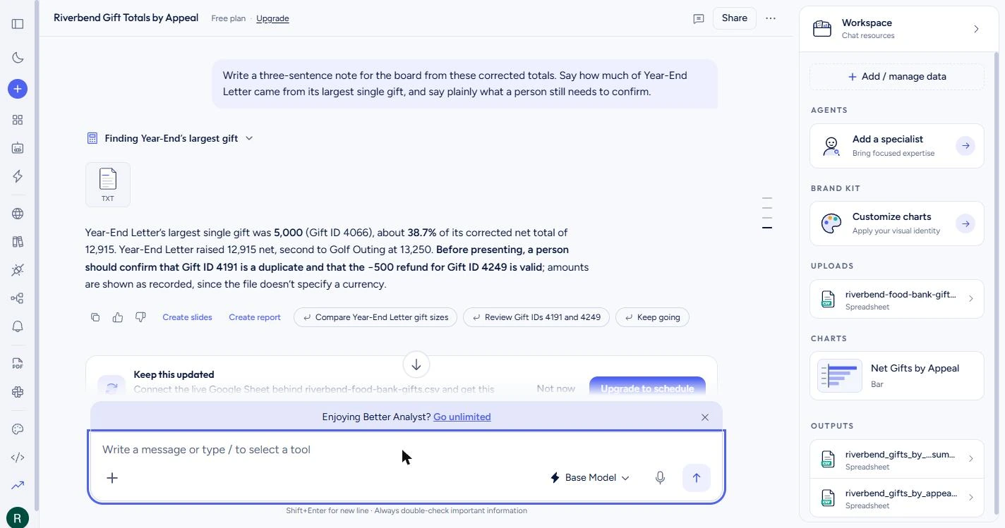 Better Analyst: Check a Donor Export Before the Board Sees It: screenshot 16 of 17 from the step-by-step module