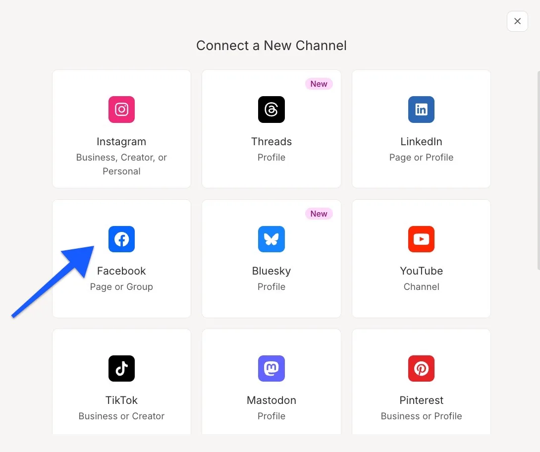 Buffer Connect a New Channel screen with cards for Instagram, Threads, LinkedIn, Facebook, Bluesky, YouTube, TikTok, Mastodon and Pinterest, an arrow pointing to Facebook