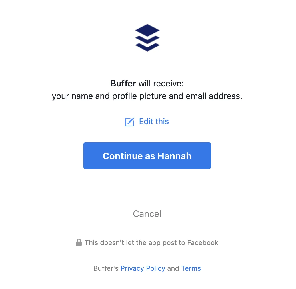 Facebook login window asking to share name, profile picture and email with Buffer, with a Continue as Hannah button