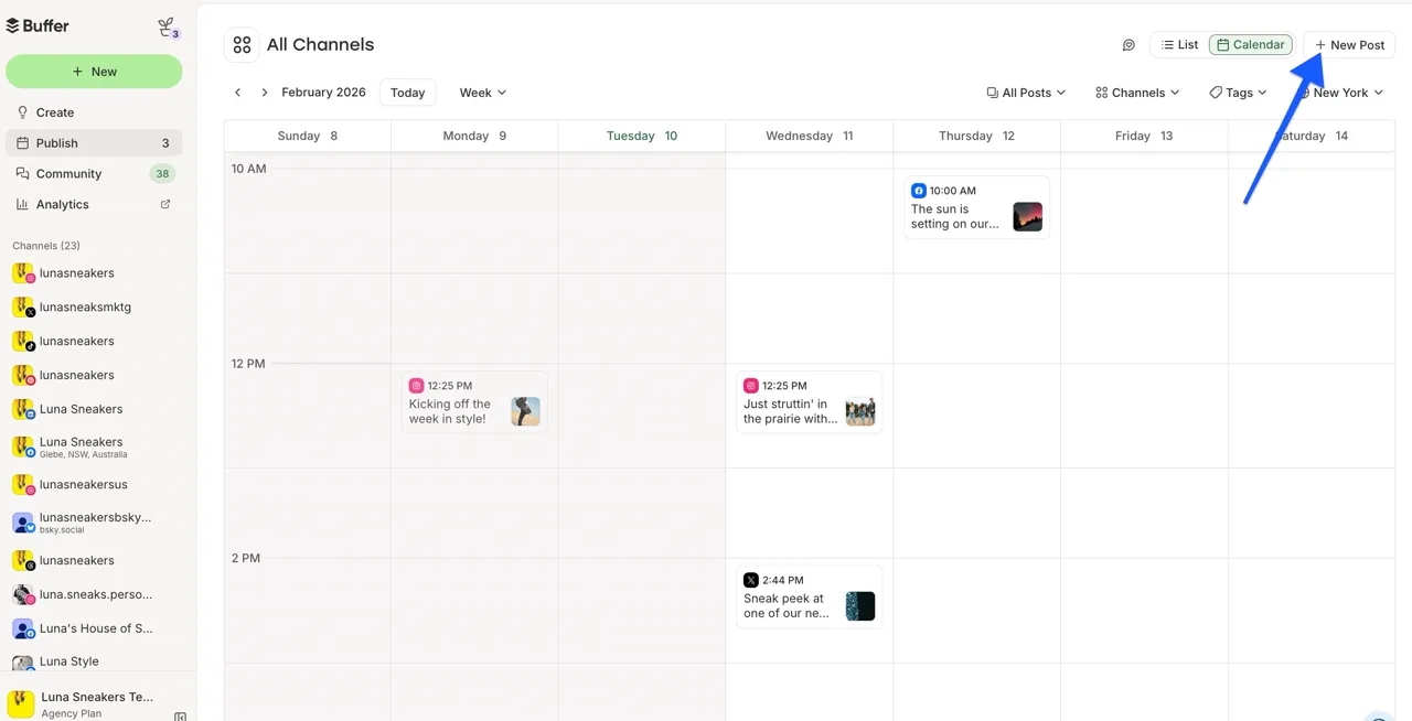 Buffer Publish calendar in Week view with scheduled posts, an arrow pointing to the New Post button at the top right