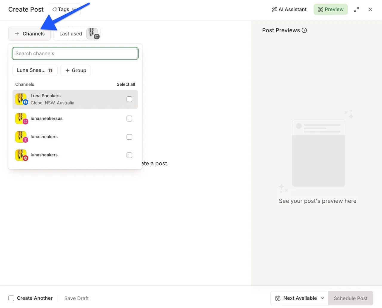 Buffer Create Post composer with the Channels menu open, a channel search box, Select all and a list of demo channels