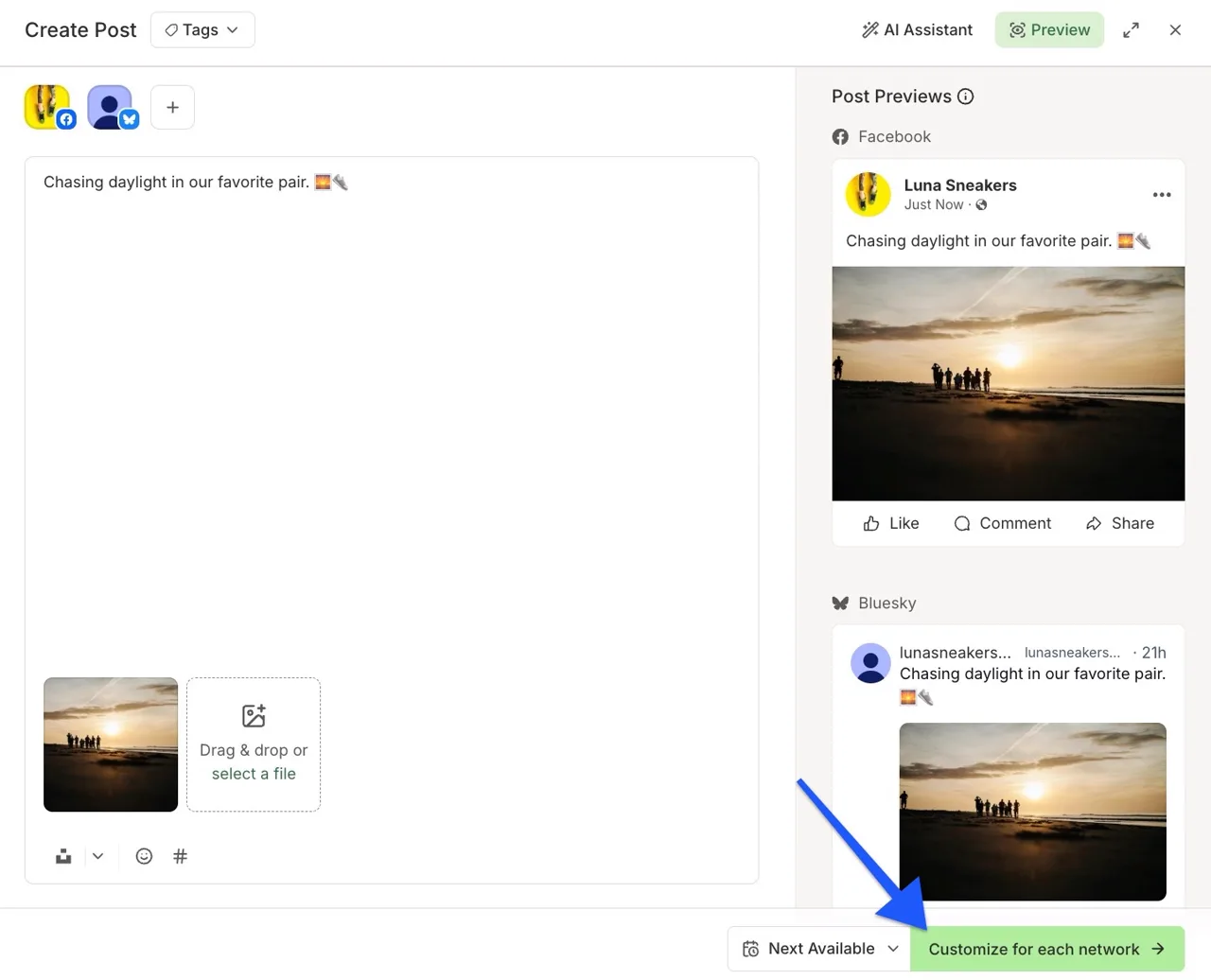 Buffer Create Post composer with Facebook and Bluesky selected, a caption, an image, Drag and drop or select a file, previews on the right and the Customize for each network button