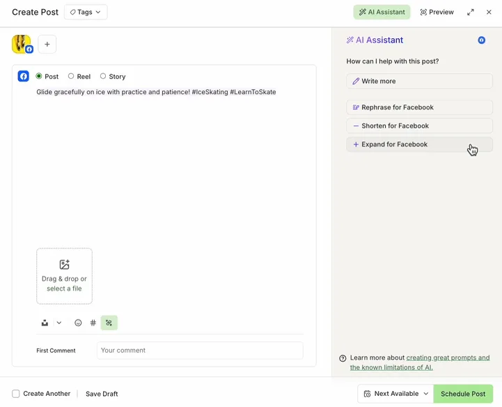 Buffer composer with the AI Assistant panel open, offering Write more, Rephrase for Facebook, Shorten for Facebook and Expand for Facebook, and the Schedule Post button