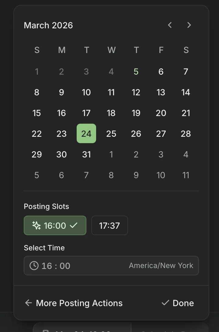 Buffer date picker with a month calendar, Posting Slots with a suggested 16:00 time marked with a sparkle, Select Time and a Done button