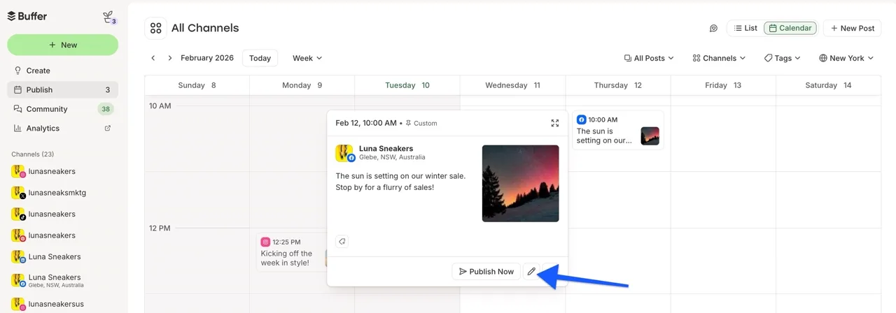 Buffer calendar with a scheduled Facebook post opened, showing Publish Now and an arrow pointing to the pencil edit icon