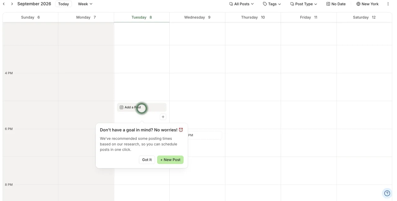 Buffer calendar week with a suggested Add a Post slot and a tip saying Buffer recommended posting times