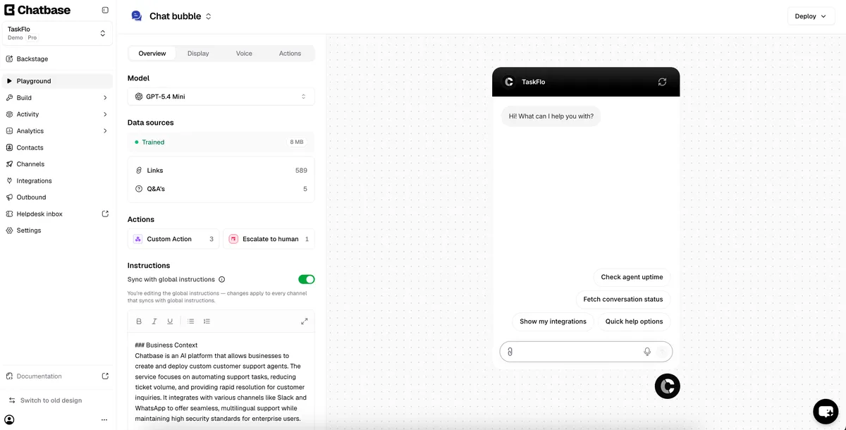Chatbase's Playground for the chat bubble: Model, Data sources marked Trained, Actions including Escalate to human, Instructions, and a chat preview of the demo agent TaskFlo (screenshot from Chatbase's docs)