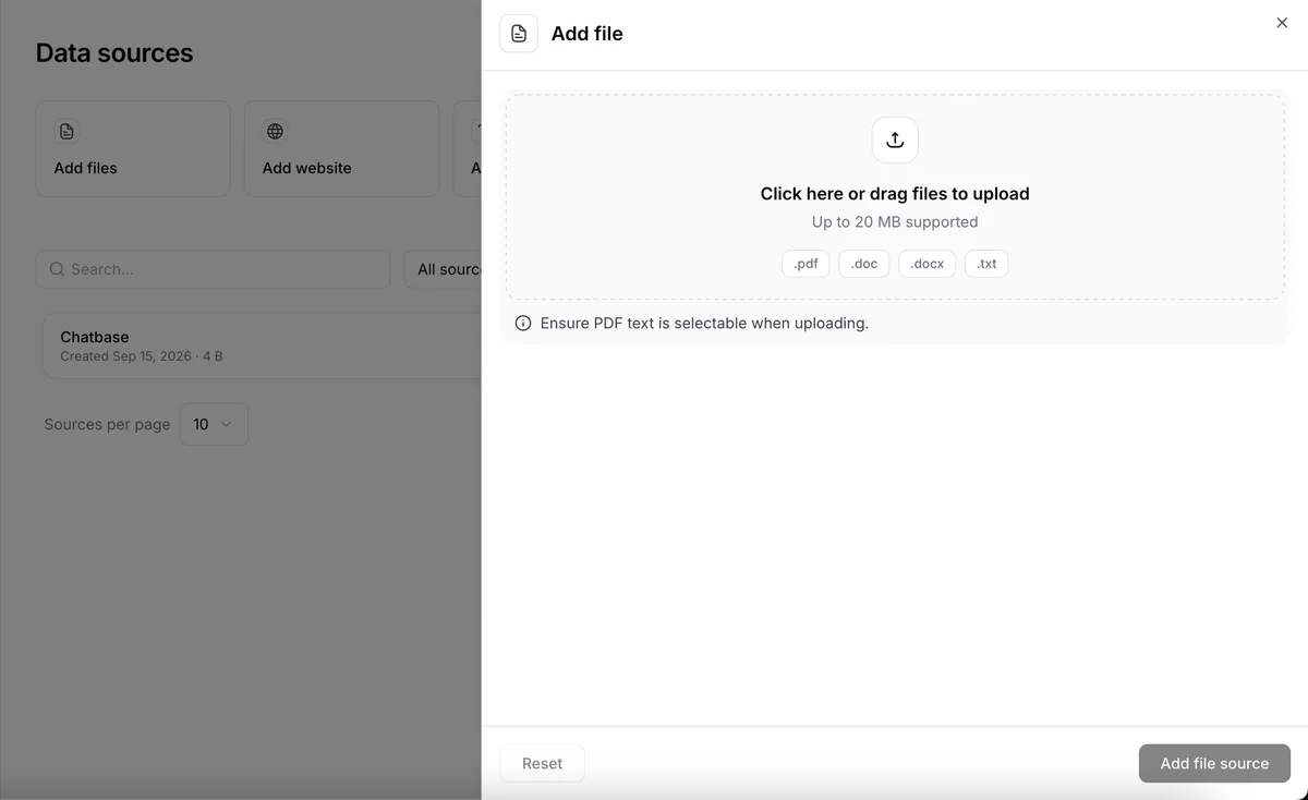 Chatbase's Data sources page with the Add file panel open: an upload area for .pdf, .doc, .docx and .txt files up to 20 MB and an Add file source button (screenshot from Chatbase's docs)