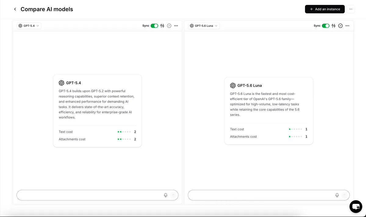 Chatbase's Compare AI models view with two models side by side, each with Sync, settings and save controls and its credit cost (screenshot from Chatbase's docs)
