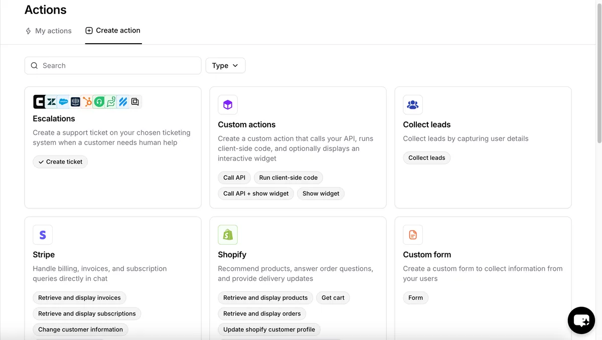 Chatbase's Create action page with the Escalations card and its Create ticket option (screenshot from Chatbase's docs)