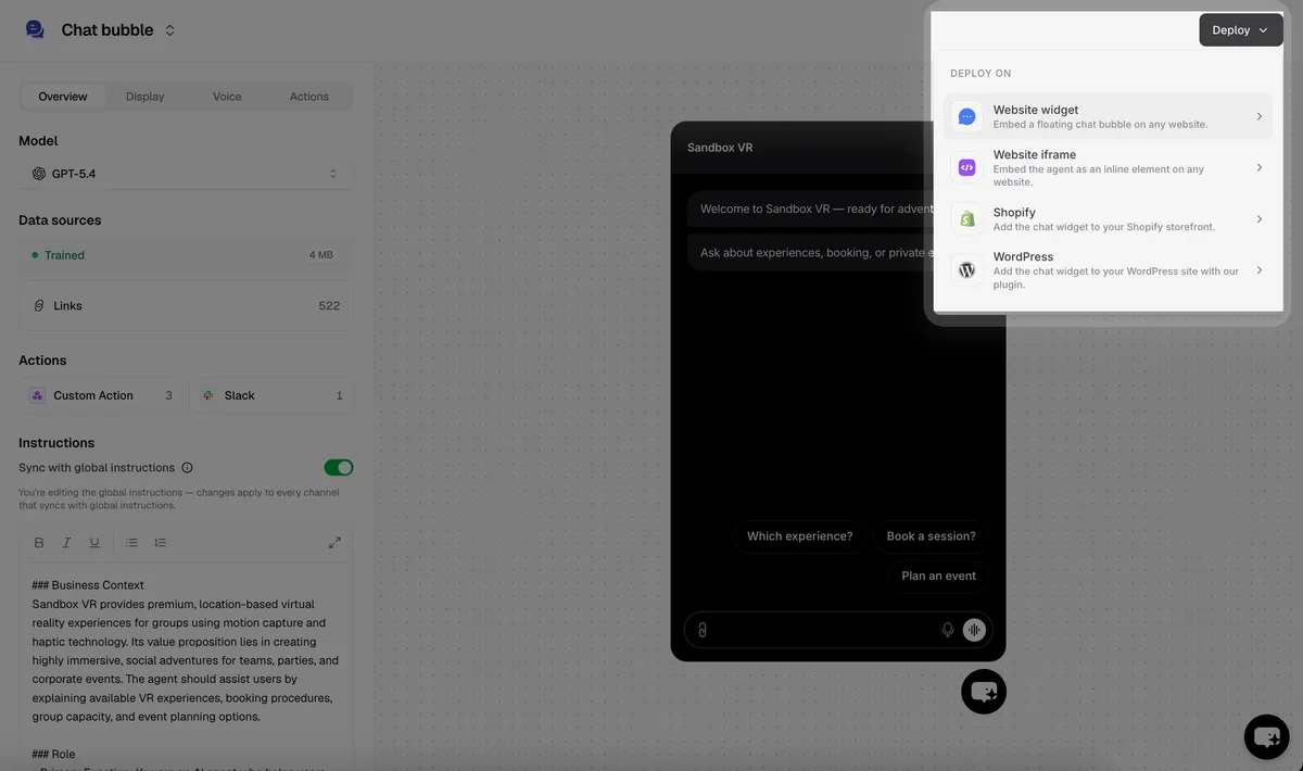 Chatbase's Deploy menu offering Website widget, Website iframe, Shopify and WordPress (screenshot from Chatbase's docs, showing a demo agent)