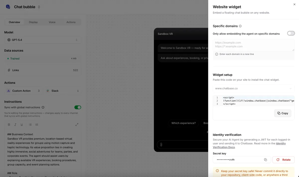 Chatbase's Website widget panel with the Specific domains switch and the Widget setup script with a Copy button (screenshot from Chatbase's docs)
