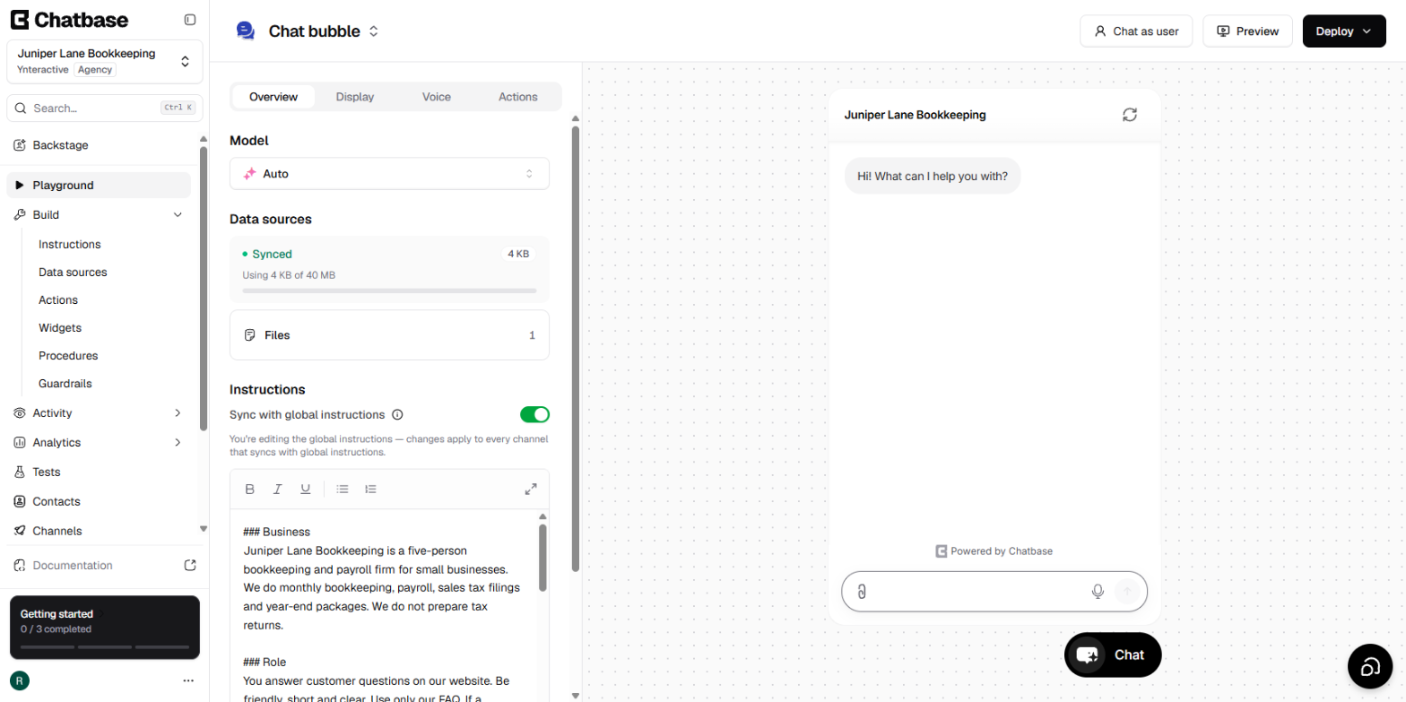 Chatbase's Playground for the Juniper Lane Bookkeeping agent: Model Auto, Data sources Synced, and the chat preview