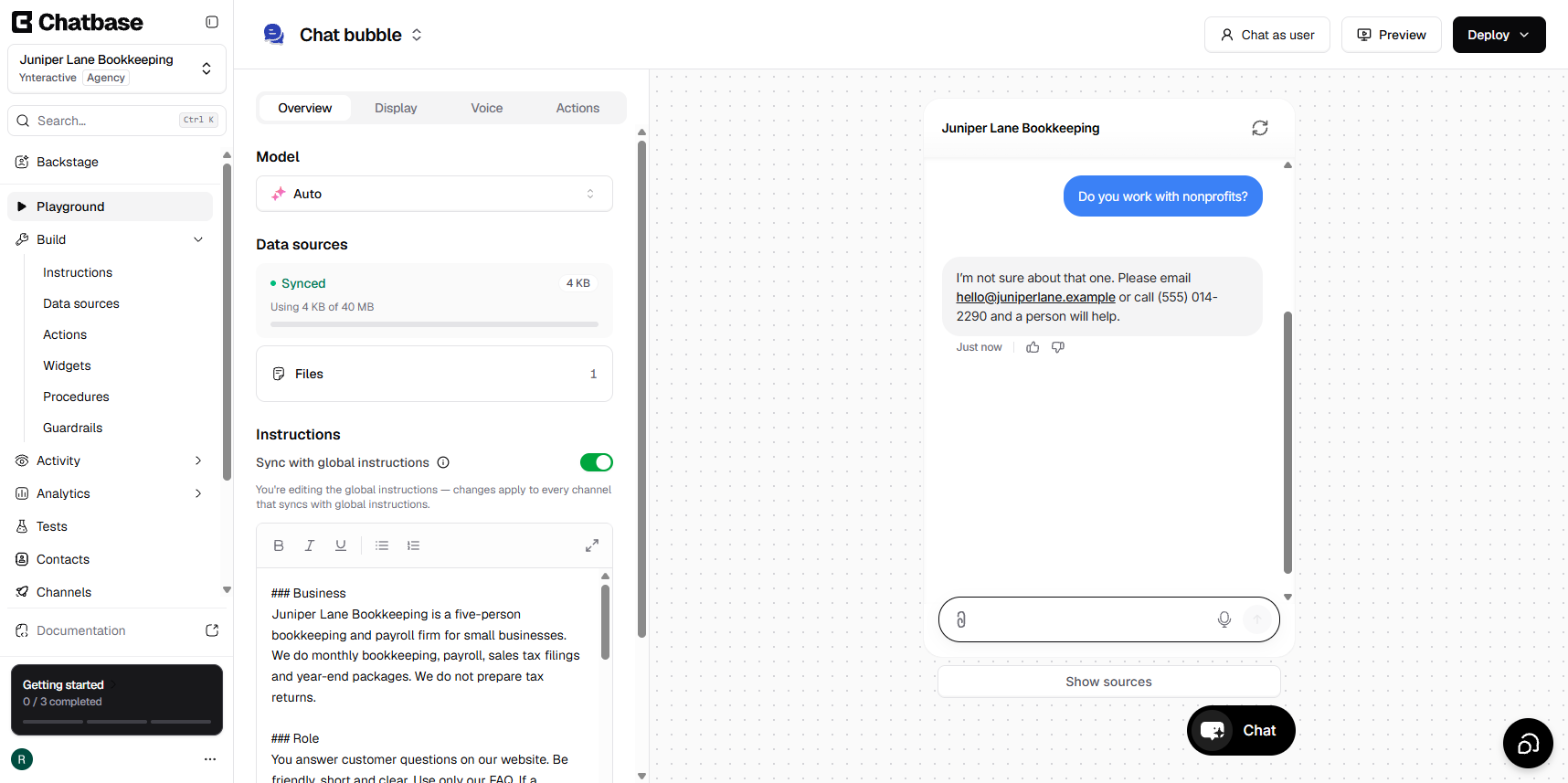 The Juniper Lane agent answering Do you work with nonprofits? with its fallback: not sure, email or call and a person will help