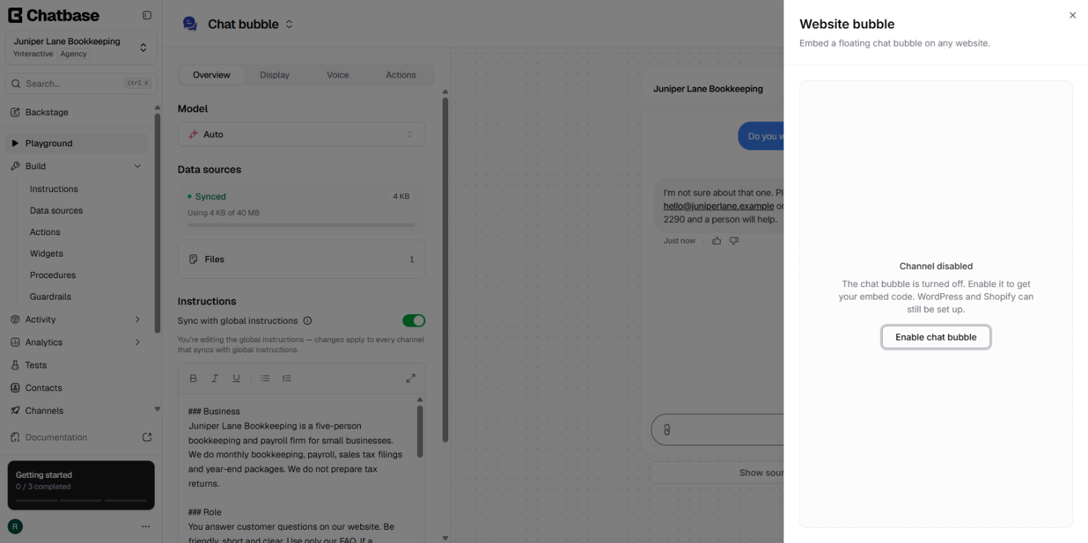 Chatbase's Website bubble panel saying Channel disabled, with an Enable chat bubble button