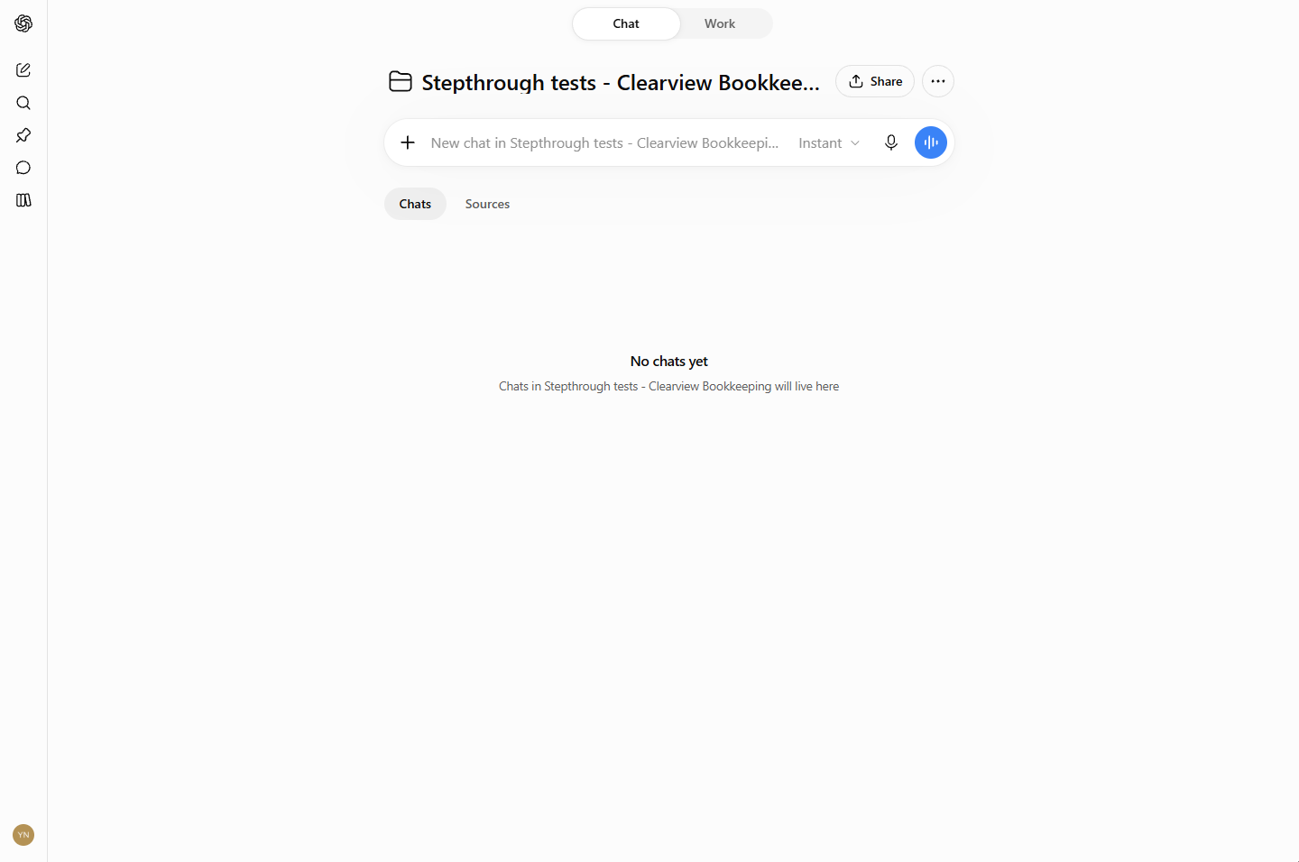 Empty ChatGPT project page for a made-up bookkeeping firm
