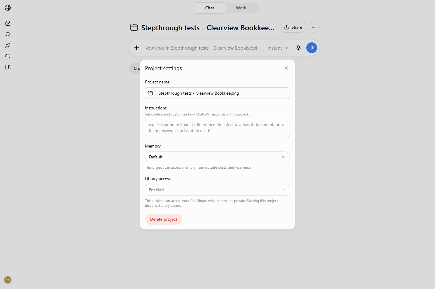 ChatGPT Project settings with an empty Instructions box