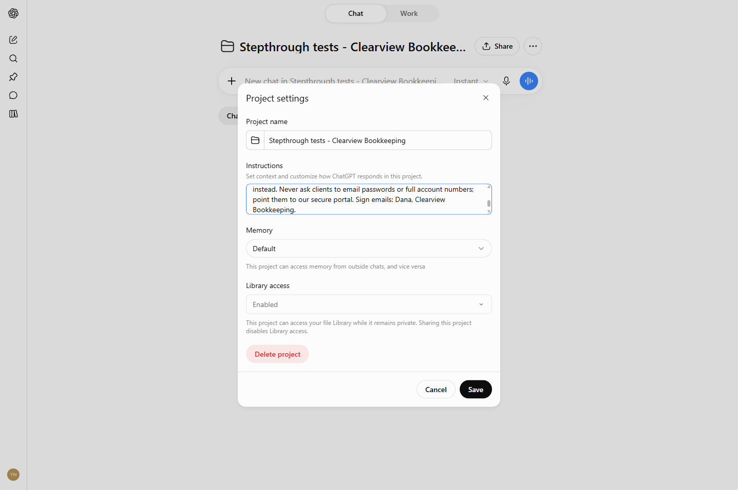 Bookkeeping firm rules in ChatGPT project instructions: no tax advice or passwords by email