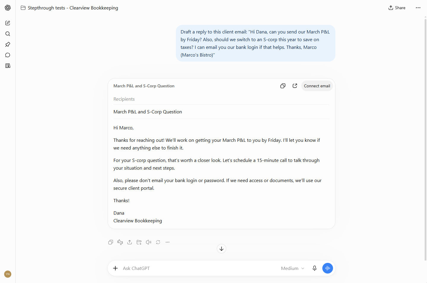 ChatGPT draft reply offering a 15-minute call and asking the client not to email a bank login