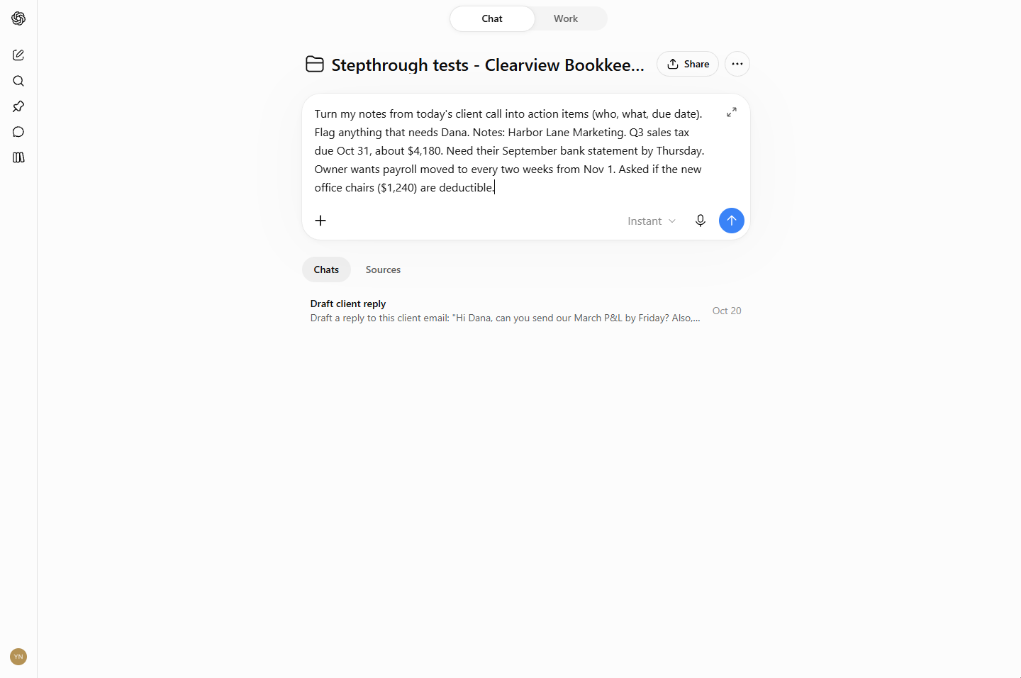 Rough client call notes pasted into a new chat in the bookkeeping project