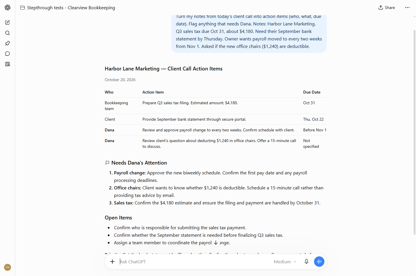 ChatGPT action items table with owners and due dates, and items that need the owner's attention