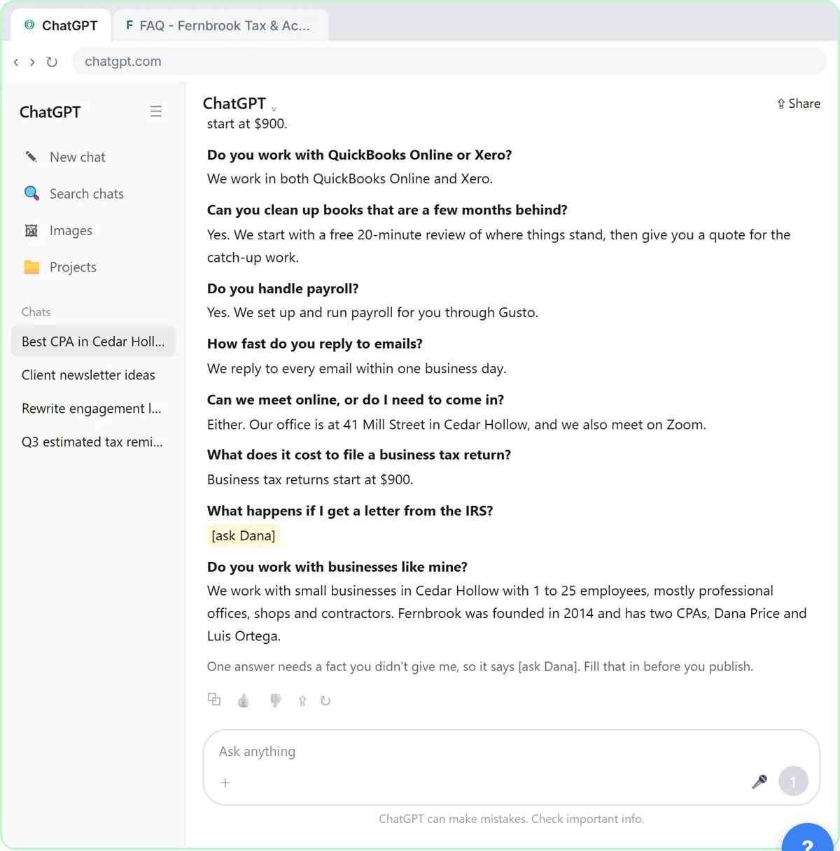 An FAQ page ChatGPT wrote only from the firm's facts, with the IRS-letter answer marked [ask Dana] because that fact was missing