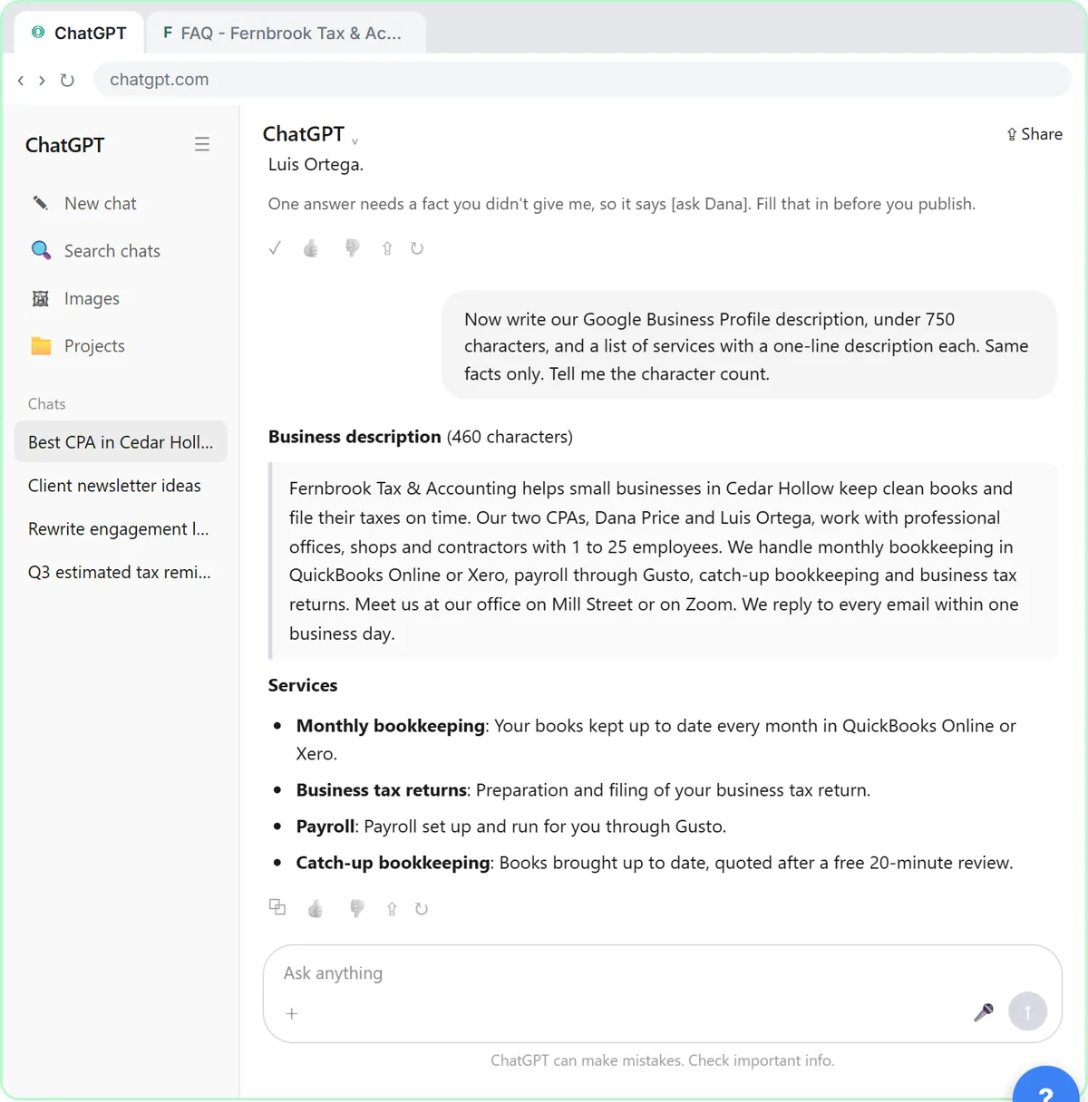 A 460-character Google Business Profile description and a services list for Fernbrook Tax & Accounting in ChatGPT