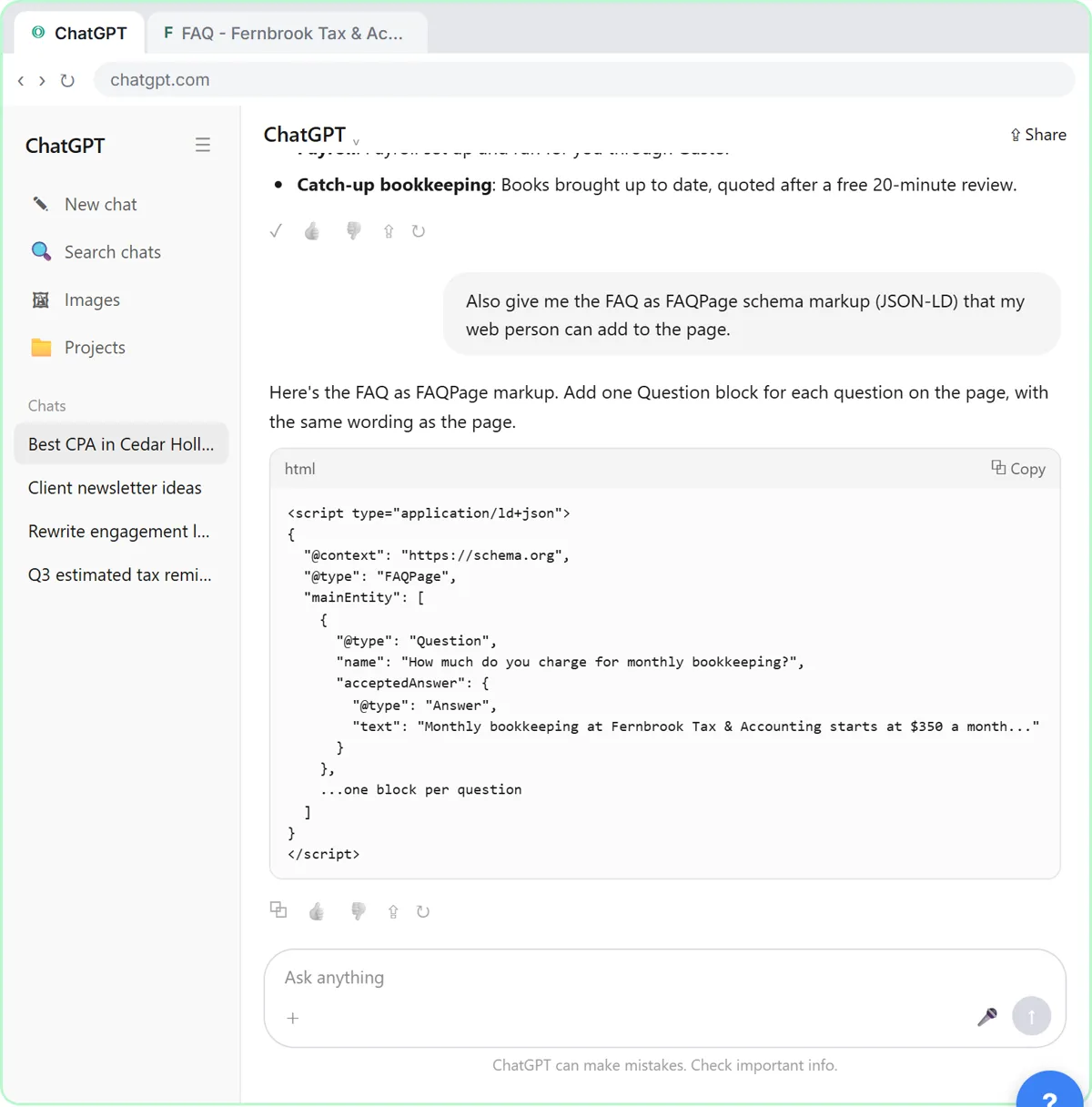 FAQPage schema markup (JSON-LD) for the FAQ page in a ChatGPT code block, ready to copy for a web person
